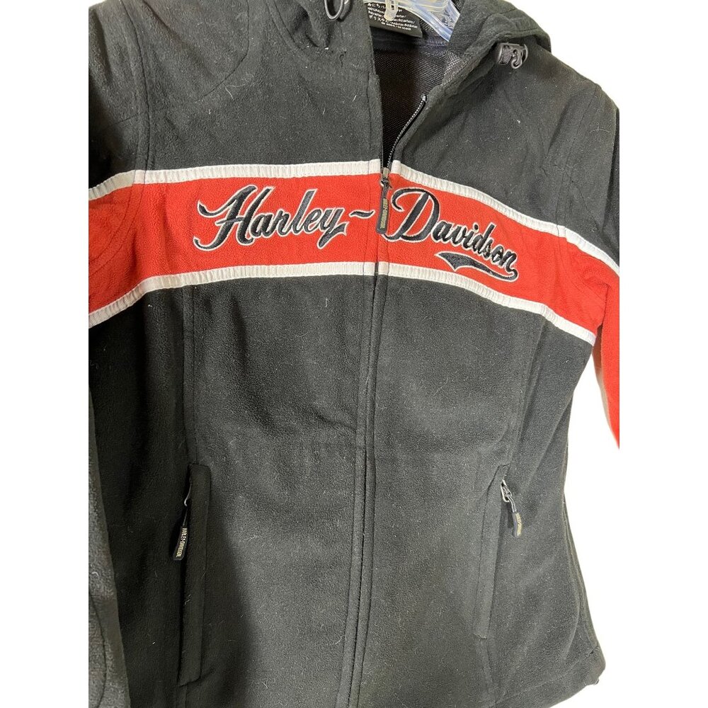 Harley-Davidson Womens Hooded Fleece Jacket Black/Red Zippered Pockets Size M Po